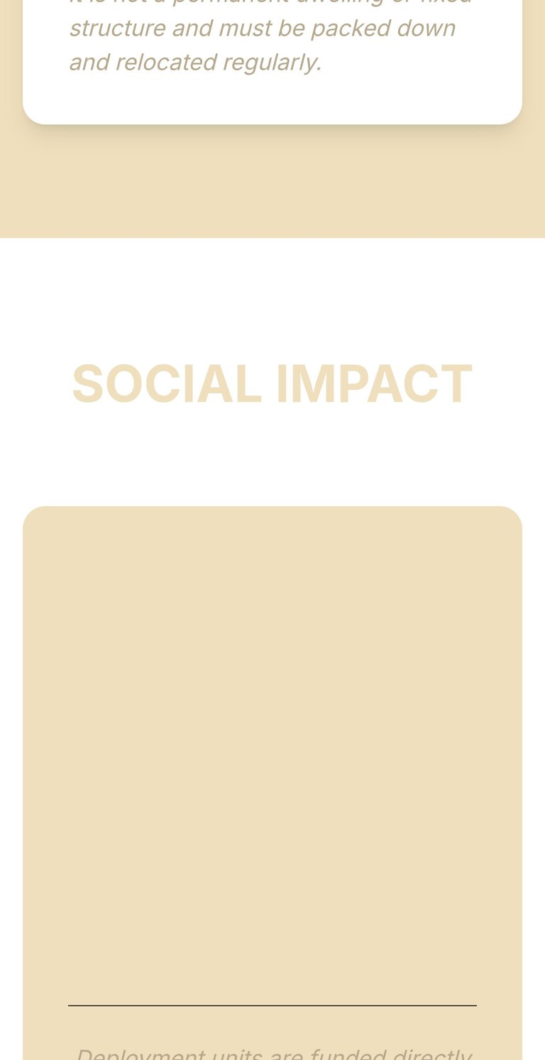 Webpage section with SOCIAL IMPACT heading in light tan text, featuring a large beige content box below it
