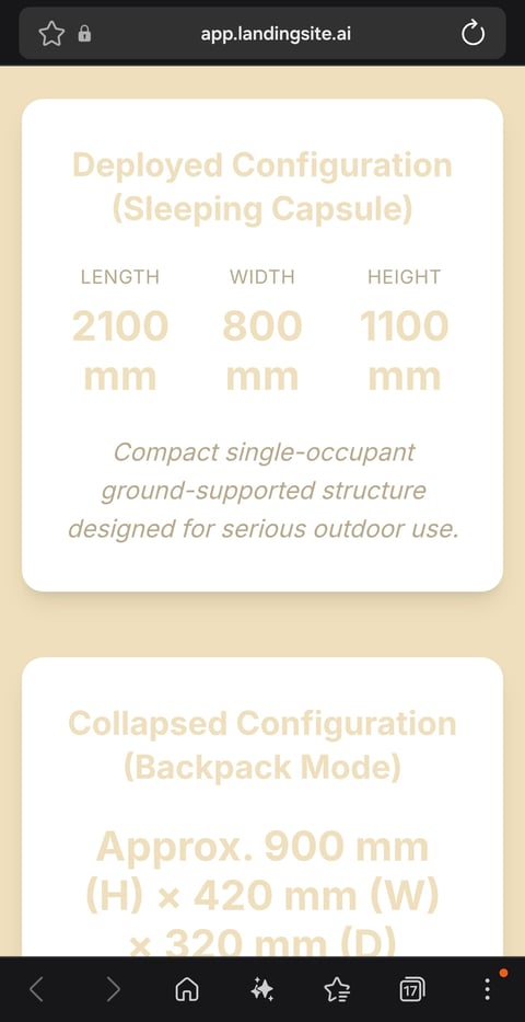 Product specifications showing deployed configuration dimensions (2100x800x1100 mm) and collapsed backpack mode dimensions (900x420x320 mm) for a compact outdoor sleeping capsule.