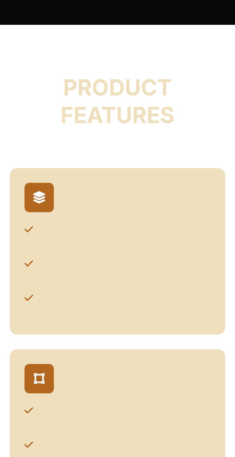 Product Features section showing two beige cards with brown icons and checkmark items listed