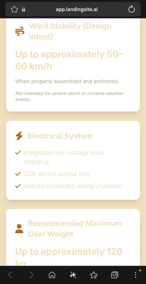 Product specifications page showing wind stability up to 60 km/h, electrical system features including solar charging, and maximum user weight of 120 kg